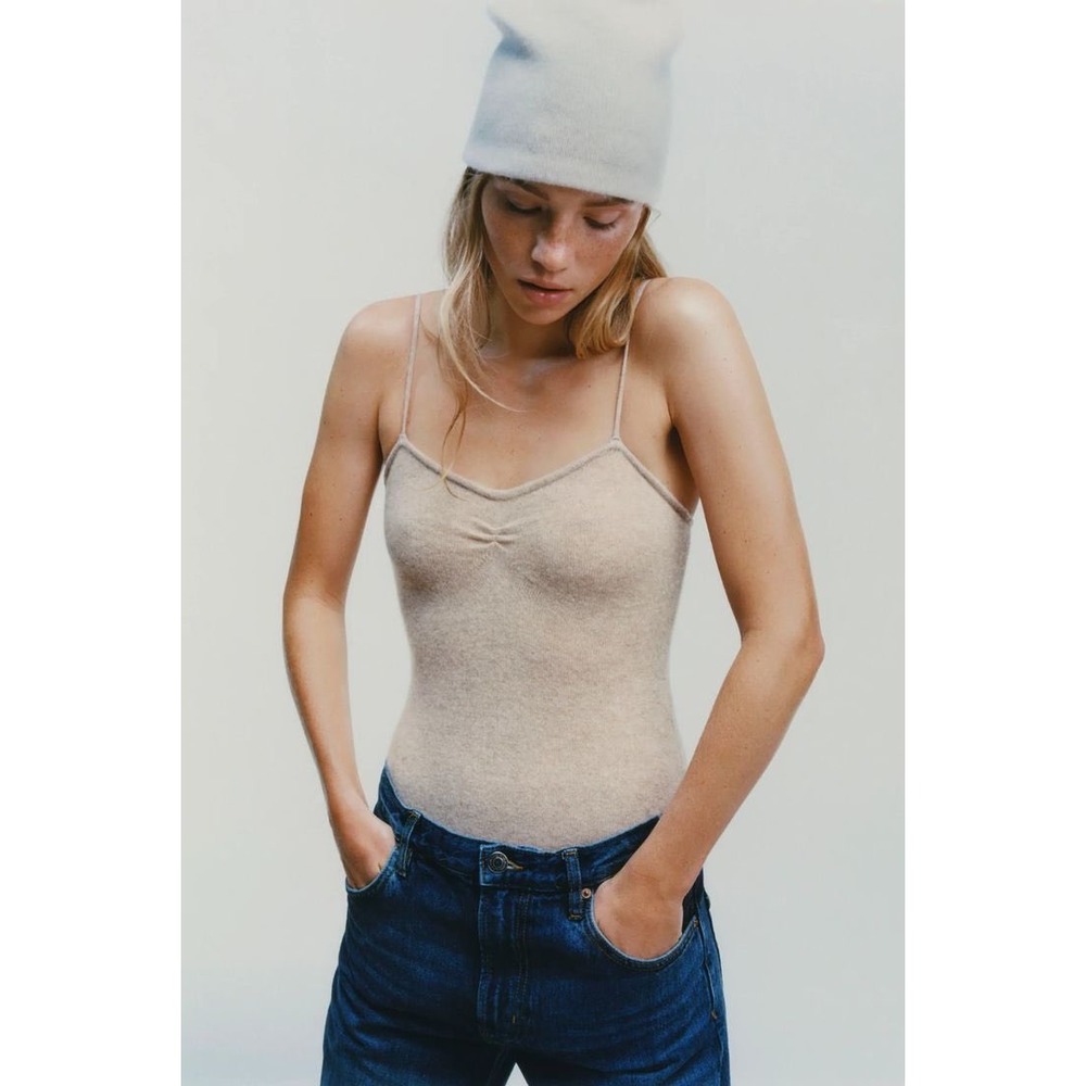 Zara 100% Cashmere Bodysuit Beige Sweetheart Neck Spaghetti Strap Small 2142/201